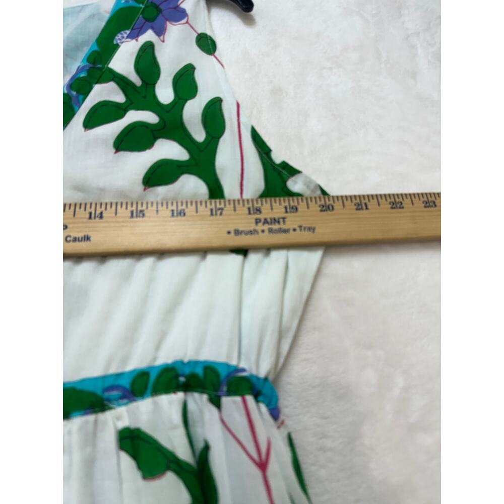 La Plage Maxi Dress Size M White Blue Purple Floral Print Tassel Tie Waist Boho - Picture 10 of 16